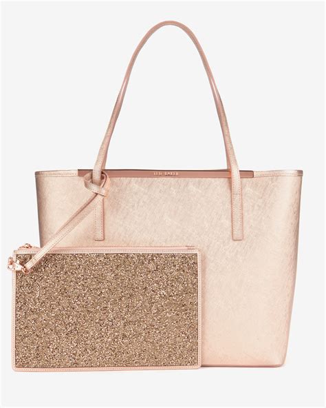 Ted Baker Metallic Silver/Rose Gold Leather Flower Appliqué Bag